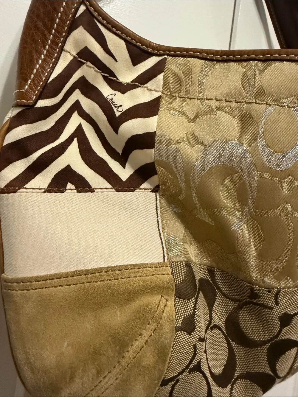 Coach Ergo Patchwork Leather Canvas Suede Hobo in Earth Tone Brown Color